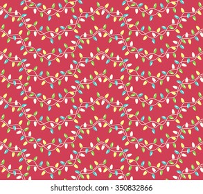 Seamless Winter Holidays Pattern with Christmas Lights Isolated on Red Background