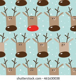 Seamless winter holidays pattern with funny cartoon deers on snowy light turquoise background. Vector illustration. Design for fabric and decoration.