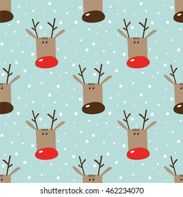 Seamless winter holidays pattern with funny cartoon deers on snowy light turquoise background. Vector illustration. Design for fabric and decoration.