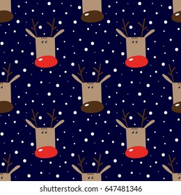 Seamless winter holidays pattern with funny cartoon deers on dark blue snowy background. Vector illustration. Design for fabric and decoration.