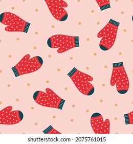 seamless winter holidays pattern with mittens gloves and snowflakes, new year background