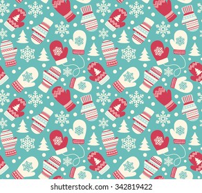 Seamless Winter Holidays Pattern with Mittens Gloves and Snowflakes Isolated on Blue Background