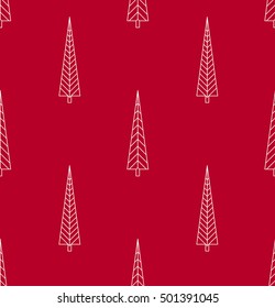 Seamless winter holidays pattern with white spruces on red background. Vector illustration. Design for fabric and decoration.