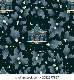 Seamless Winter House. Hand drawn pattern. Ornamental texture for wallpaper, pattern fills, printing on fabric, digital paper. Vector illustration.