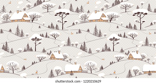 Seamless Winter Landscape Background. Hand drawn pattern. Ornamental texture for wallpaper, pattern fills, printing on fabric, digital paper. Vector illustration.