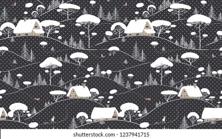 Seamless Winter Landscape Background. Ornamental hand drawn pattern for wallpaper, pattern fills, printing on fabric, digital paper. Vector illustration.