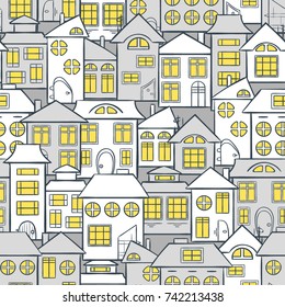 Seamless winter landscape - city houses, village on endless print for textile design or greeting card for Christmas