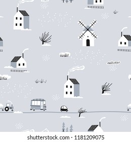 Seamless winter landscape. Pattern with house, trees, horses, mills and hills. Europe nature landscape concept. Perfect for kids fabric, textile, nursery wallpaper. Seamless landscape.