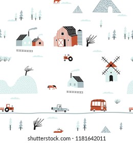 Seamless winter landscape. Pattern with house, trees, horses, mills and hills. Europe nature landscape concept. Perfect for kids fabric, textile, nursery wallpaper. Seamless landscape.