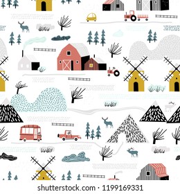 Seamless winter landscape. Pattern with house, trees, horses, mills and hills. Europe nature landscape concept. Perfect for kids fabric, textile, nursery wallpaper. Seamless landscape.