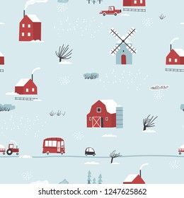 Seamless winter landscape. Pattern with house, trees, horses, mills and hills. Europe nature landscape concept. Perfect for kids fabric, textile, nursery wallpaper. Seamless landscape.