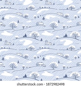 Seamless winter landscape pattern. Ornamental hand drawn sketch background for wallpaper, pattern fills, printing on fabric, digital paper. Vector illustration.