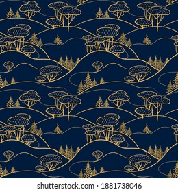 Seamless winter landscape pattern. Ornamental hand drawn sketch background for wallpaper, pattern fills, printing on fabric, digital paper. Vector illustration.