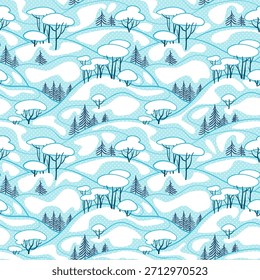 Seamless winter landscape pattern. Ornamental background for wallpaper, pattern fills, printing on fabric, digital paper. Vector illustration.