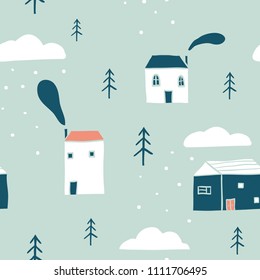 Seamless winter landscape pattern. Scandinavian simple minimalist houses, trees, clouds and snow. Funny map texture. Cute stylized city. Hand drawn cartoon illustration for children textile, fabric