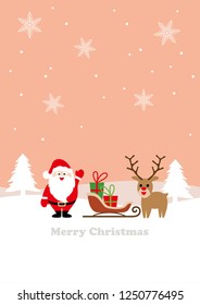 Seamless winter landscape with Santa Claus, a reindeer, and a sleigh. Flat, simple, and cartoonish style vector illustration. Horizontally repeatable.
