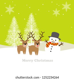 Seamless winter landscape with Santa Claus, a reindeer, and a sleigh. Flat, simple, and cartoonish style vector illustration. Horizontally repeatable.
