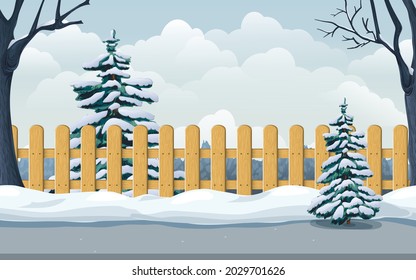 seamless winter landscape with snowy spruce, trees, wooden fence, snowdrifts, road. illustration of village, park, backyard or countryside in winter. cold season horizontal scene for game background.