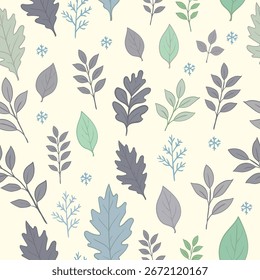 Seamless winter leaves pattern with snowflakes. Hand-drawn botanical foliage in cool tones. Perfect for seasonal backgrounds, fabric, wallpaper, and holiday designs.