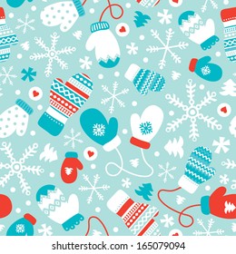 Seamless winter mittens and gloves christmas illustration background pattern in vector