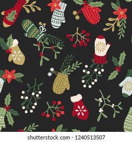 Patrón de Mitones de Invierno sin incandescencias. Ilustración del doodle vectorial de Navidad.