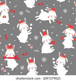 Seamless winter New Year pattern with rabbits. Funny cute bunnies in Santa hats with gifts, snowflakes, fir twigs. Vector graphics.