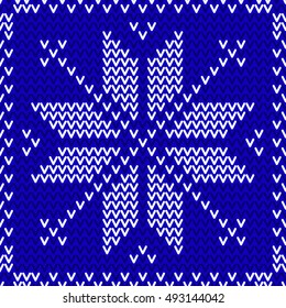 Seamless winter New Years pattern. Blue and white knitted christmas background. Vector