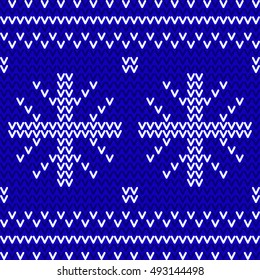 Seamless winter New Years pattern. Blue and white knitted christmas background. Vector