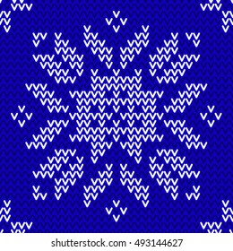 Seamless winter New Years pattern. Blue and white knitted christmas background. Vector
