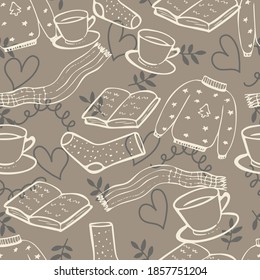 Seamless winter overlapping illustration with winter elements. Beige and white background.