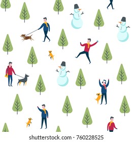 Seamless winter park pattern. Dog walking people. Wrapping paper vector template.