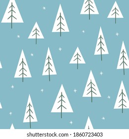 Patrón de invierno sin foco con árboles de Navidad abstractos y copos de nieve. Ilustración vectorial de Navidad. Patrón de estilo escandinavo. Para el diseño de textiles, papel de envoltura, papel pintado.
