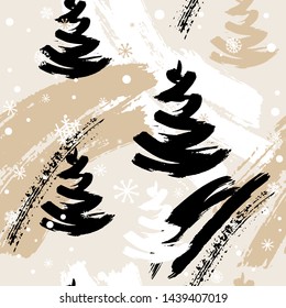 Seamless winter pattern with abstract elements, hand drawn Christmas trees and snowflakes