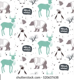 Seamless winter pattern with animals