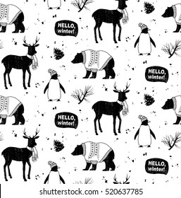 Seamless winter pattern with animals