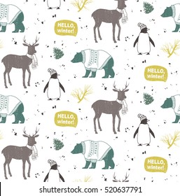 Seamless winter pattern with animals