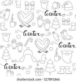 Seamless winter pattern attributes. Black and white doodle