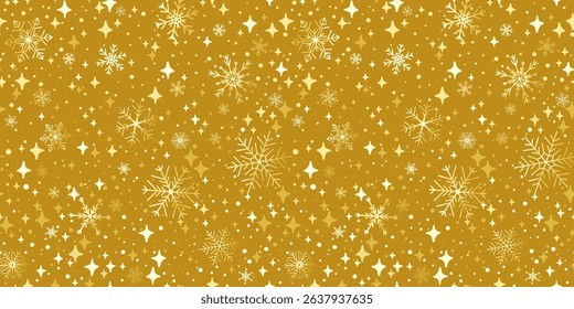 A seamless winter pattern background. Features white snowflakes and sparkles on a festive golden-yellow bright backdrop. For holiday gift wrap or fabric. Vector illustration.