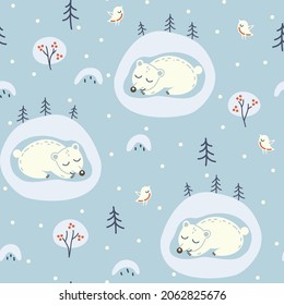 Seamless winter pattern bear in a den. Winter forest, snowfall, the bear is sleeping.