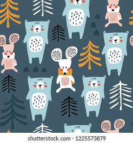 Seamless winter pattern with bear, mouse, deer and christmas tree. Creative holiday texture. Great for fabric, textile Vector Illustration