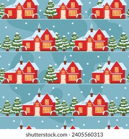Seamless winter pattern. Beautiful house surrounded by trees. Vector graphic.