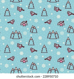 Seamless winter pattern with birds,  fir trees and snowflakes. 