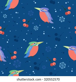 Seamless winter pattern with birds, snowflakes, berries. Blue background.