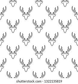 seamless winter pattern with black line silhouette of deer head with antlers. vector flat Christmas ornament on white background