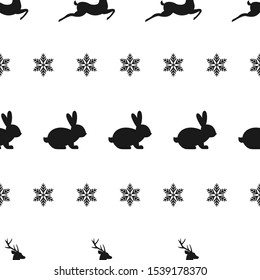 seamless winter pattern with black  snowflakes, bunnies and deers. vector flat Christmas ornament on white background. winter reindeer texture.