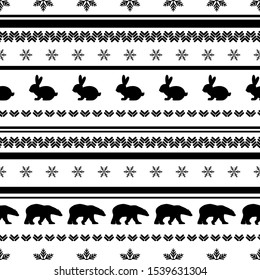 seamless winter pattern with black  snowflakes, bunnies and bears. vector flat Christmas ornament on white background. winter  texture.