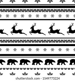 seamless winter pattern with black  snowflakes, deers and bears. vector flat Christmas ornament on white background. winter  texture.