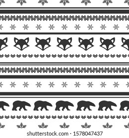 seamless winter pattern with black  snowflakes, foxes and bears. vector flat Christmas ornament on white background. winter  texture.