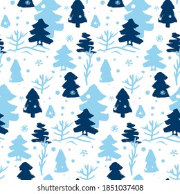 seamless winter pattern with blue and blue Christmas trees and snow on white background for wrapping paper and surface design of New Year products