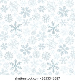 Seamless winter pattern with blue geometric snowflakes. Flat vector festive Background. Ideal for wrapping paper, holiday decor, textile print, packaging, greeting cards, fabric, banner, wallpaper